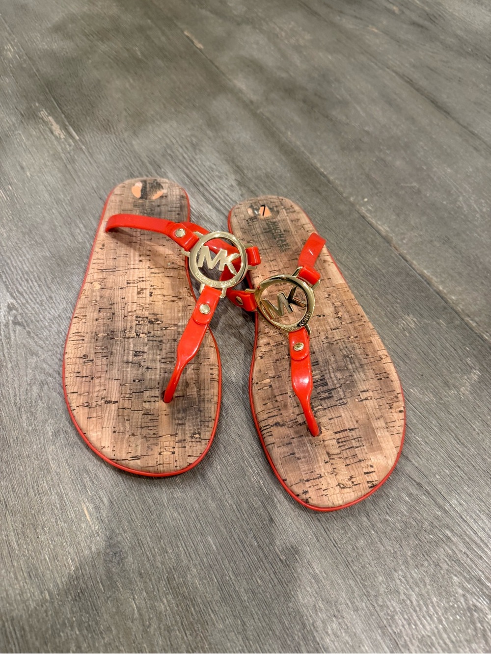 Michael Kors Red Orange Patent MK Gold Logo Thong Sandals (7)